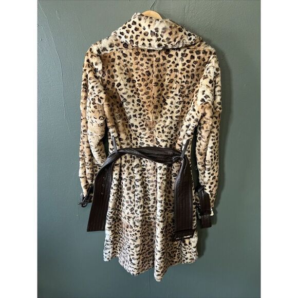 VINTAGE BEBE RABBIT FUR COLLAR LEATHER JACKET SMALL Y2K COAT BELT LEOPARD RARE - Picture 3 of 3